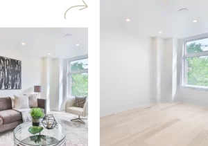 Item removal service example showing digital decluttering of a room for real estate marketing by Virtual HomeZen.