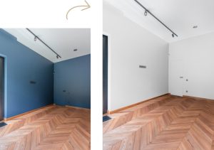 Virtual renovation example showing interior wall paint color change from blue to white by Virtual HomeZen.