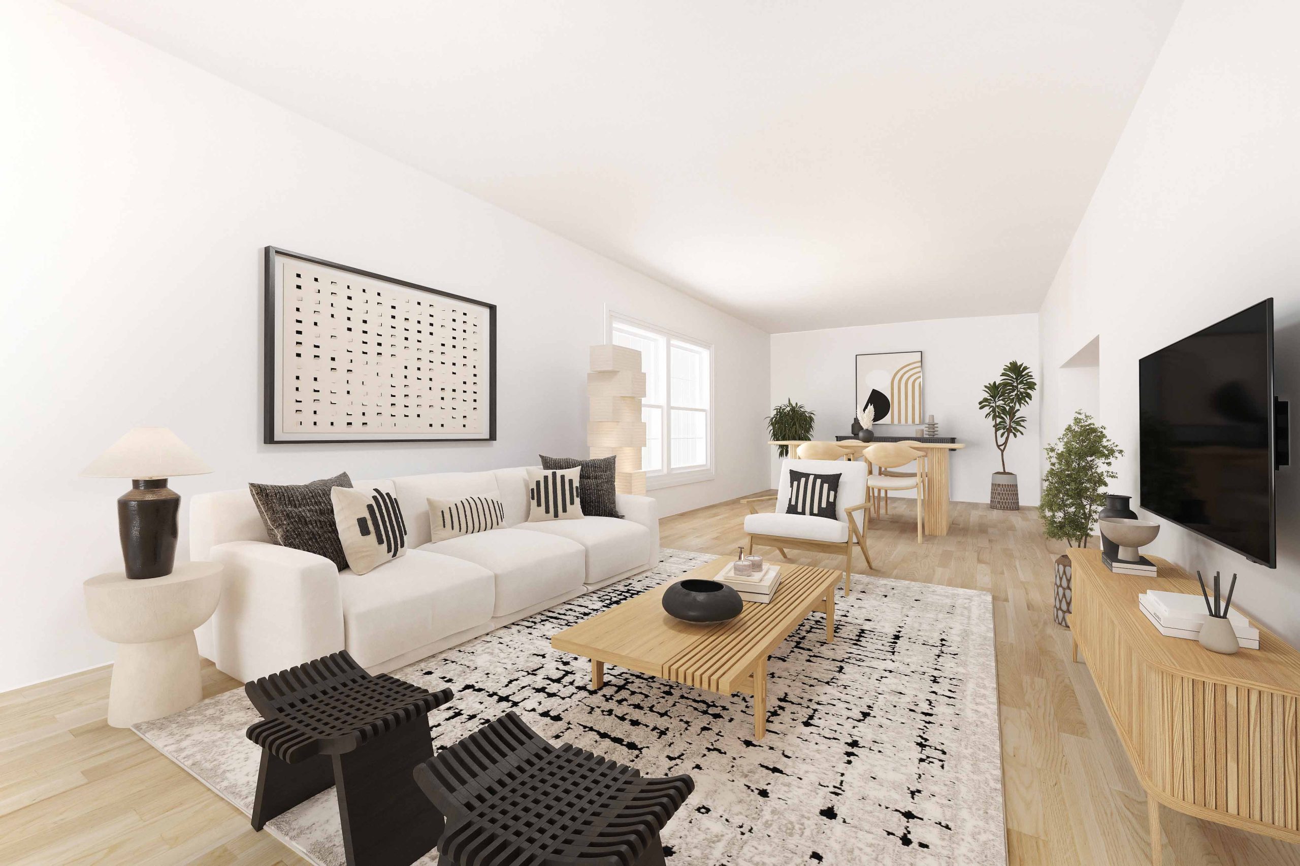 A Japandi minimalist living room decorated in a calm neutral color palette of whites, creams, and light woods, sharply contrasted by black furniture and decor accents by Virtual HomeZen.