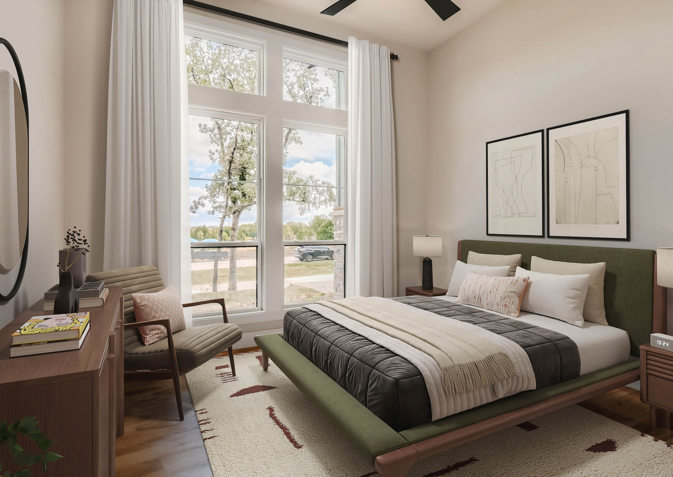 Mid-century modern bedroom design with green accents, natural light, and organic textures by Virtual HomeZen.