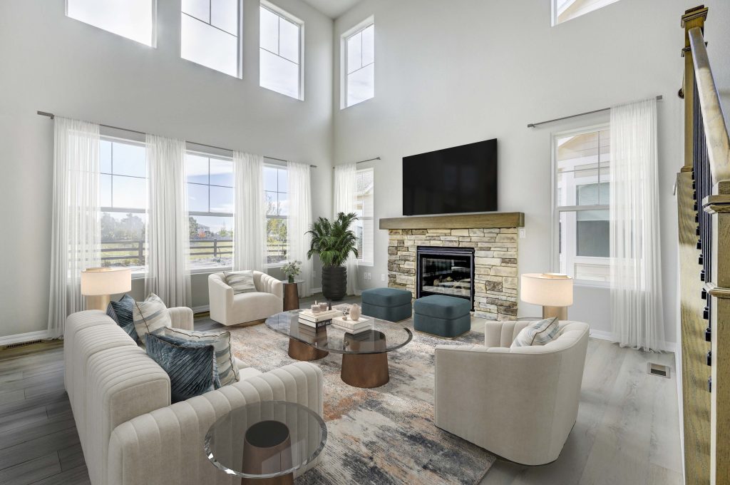 Example of ray-tracing lighting and global illumination in a virtual staging living room project