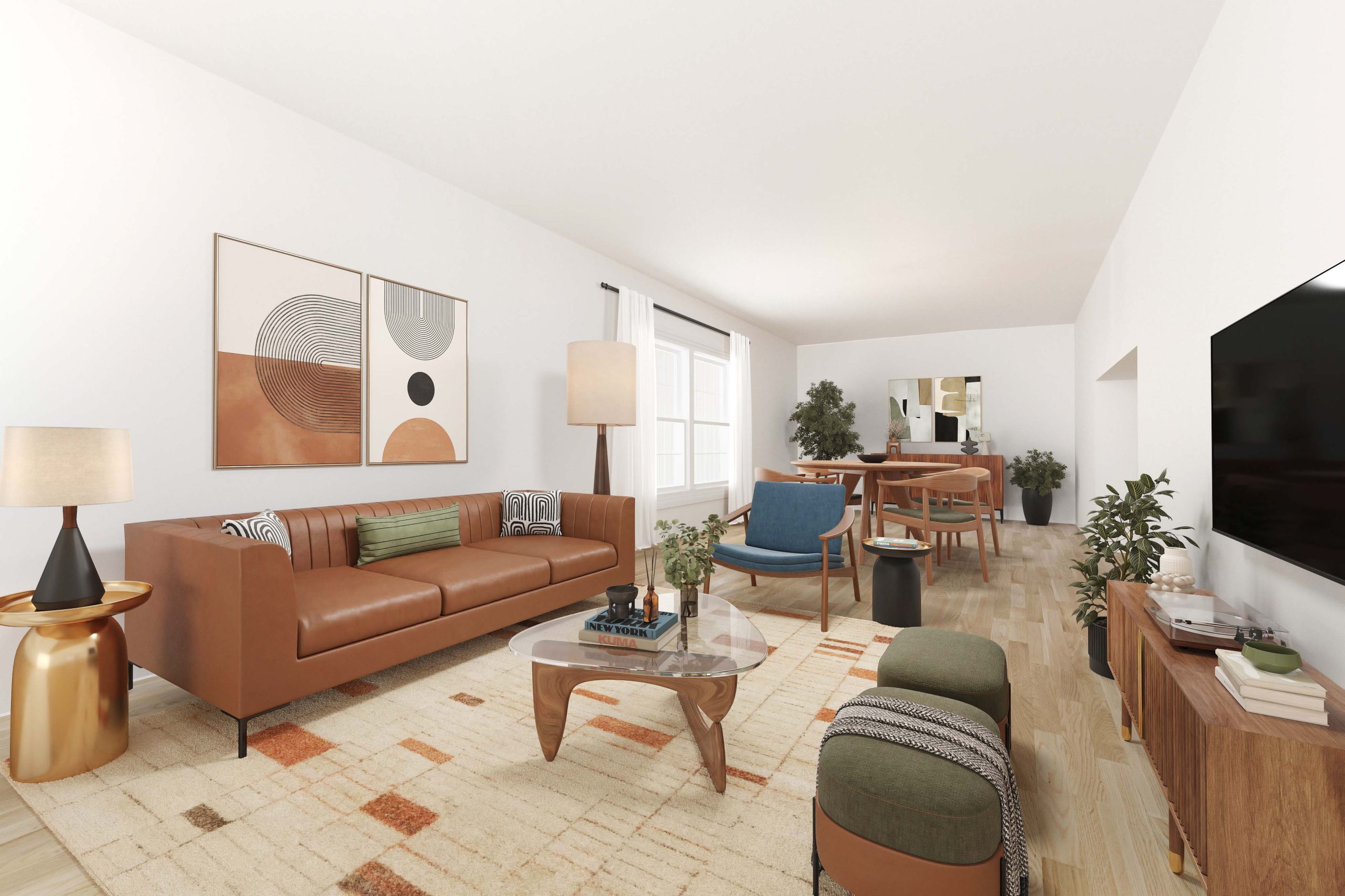 Professionally virtually staged living room showing a realistic mid-century modern layout with dining area, utilizing warm lighting and modern furniture by Virtual HomeZen.