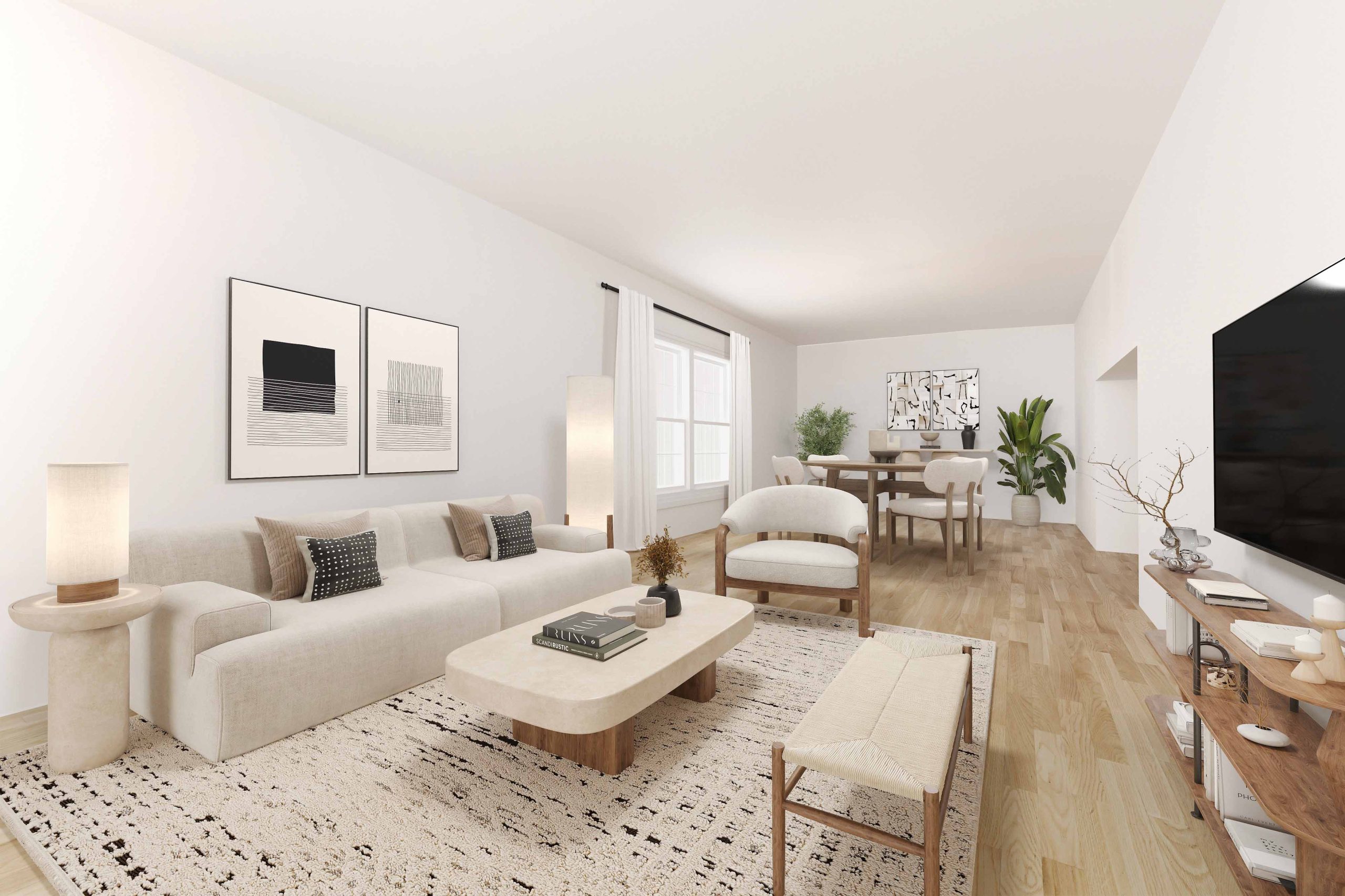 Minimalist Japandi living space featuring a low-profile cream sofa, a sculptural stone coffee table, and monochromatic abstract art by Virtual homeZen.