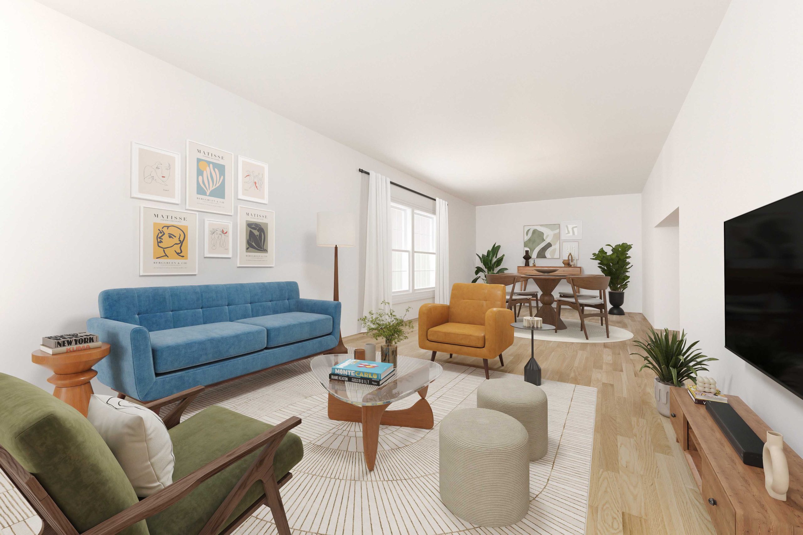 Vibrant mid-century modern living room featuring a tufted blue sofa, mustard yellow armchair, Noguchi-style glass coffee table, and a gallery wall of art prints by Virtual homeZen.