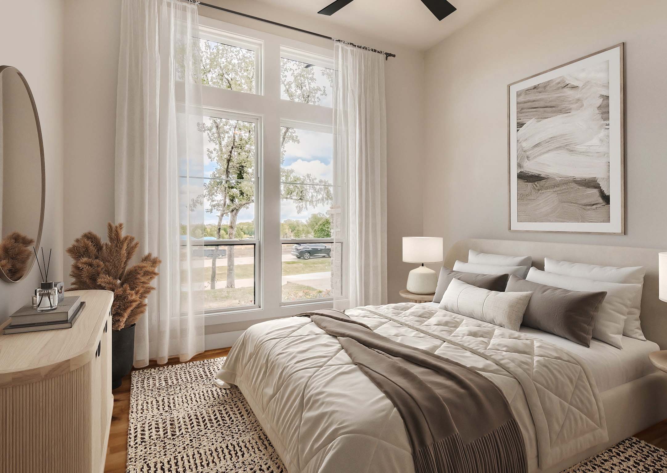 Serene Japandi bedroom design with floor-to-ceiling windows, sheer white curtains, a fluted wood dresser, and neutral bedding by Virtual homeZen.