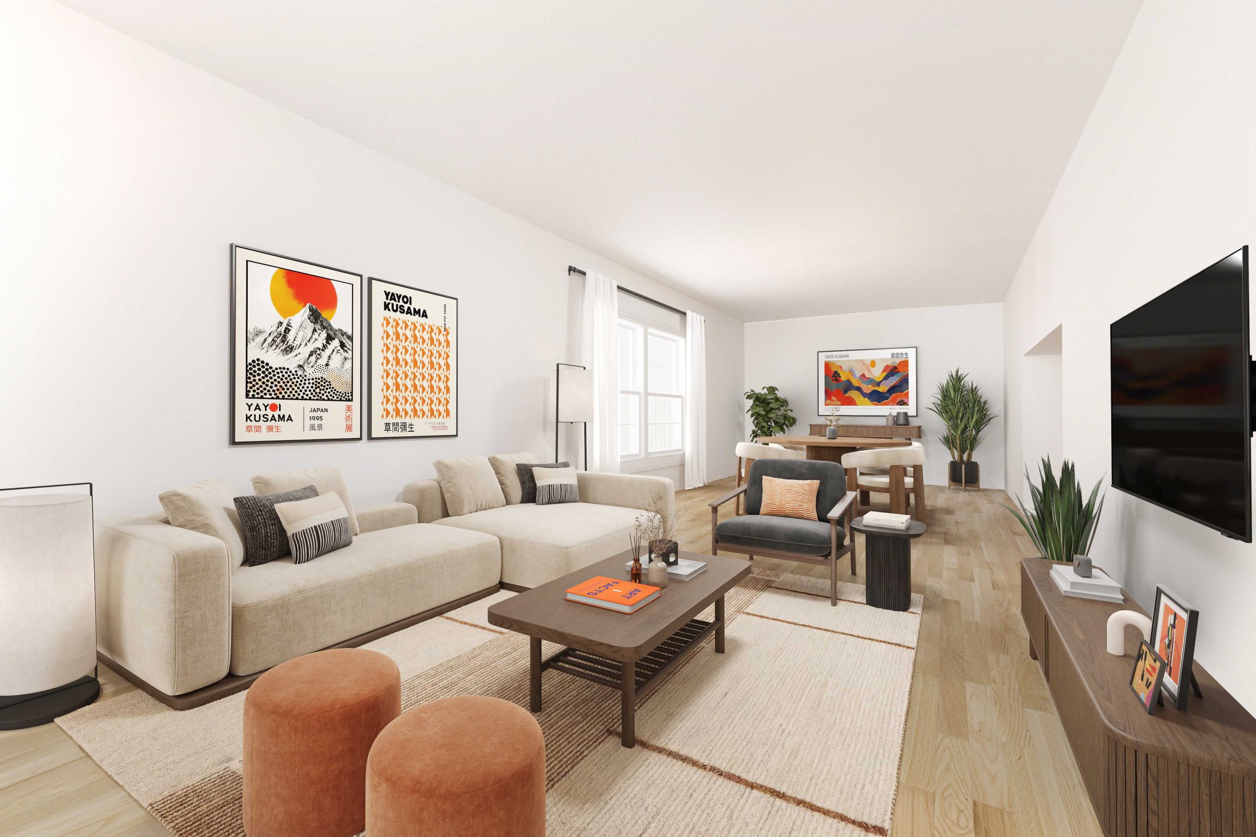 Bright Japandi living room featuring a beige sectional sofa, round terracotta ottomans, and Yayoi Kusama wall art by Virtual homeZen.