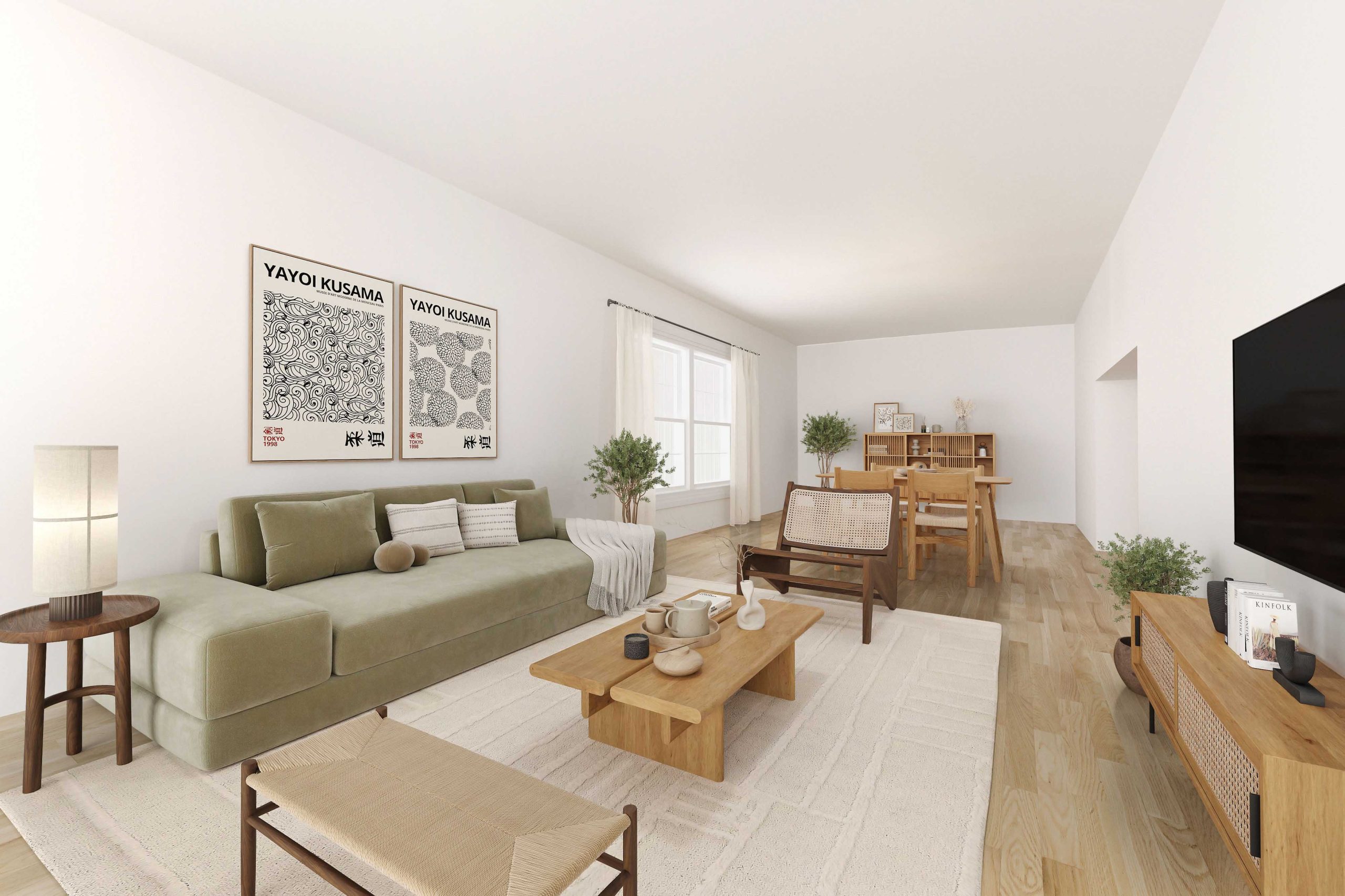 Earthy Japandi living room interior highlighting a sage green velvet sofa, light wood coffee table, and rattan cane furniture by Virtual homeZen.