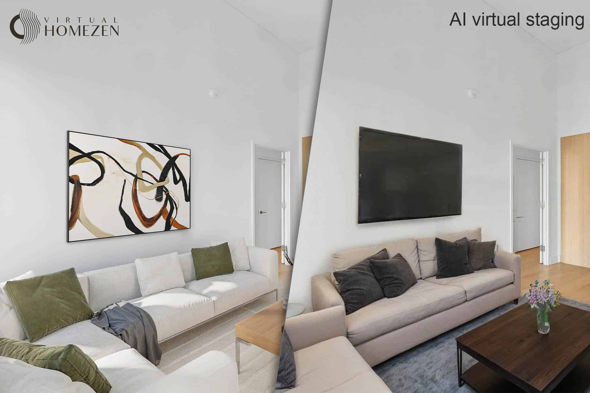Professional designer-driven virtual staging by Virtual HomeZen vs generic AI staging in a luxury NYC apartment.