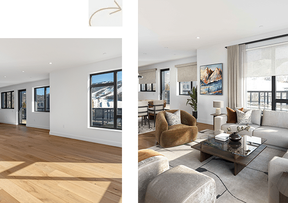 Modern house living room featuring a white sectional sofa, white ottomans. Beautiful mountain modern theme by VirtualhomeZen